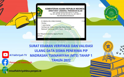 Surat Edaran Verifikasi dan Validasi Ulang Data Siswa Penerima PIP Madrasah Tsanawiyah (MTs) Tahap 1 Tahun 2022